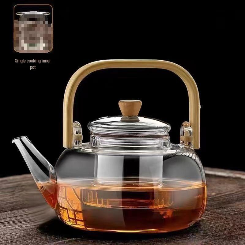 High-Temperature Resistant Glass Teapot with Bamboo Handle for Boiling Water and Brewing Tea