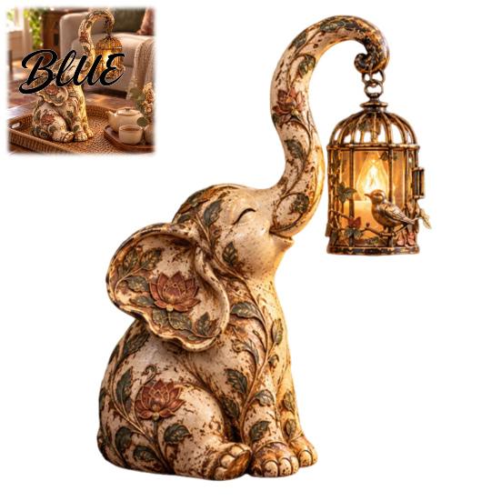 Elephant Lantern Decor Vintage Lantern Decorative Light Resin Retro Table Lamp with Bird Cage Desk Light Design for Home Decor Creative Desktop