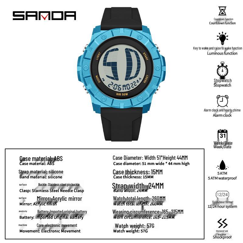 Sanda Multifunctional Waterproof Luminous Electronic Watch for Students – Unisex with Raise Hand Light Feature.