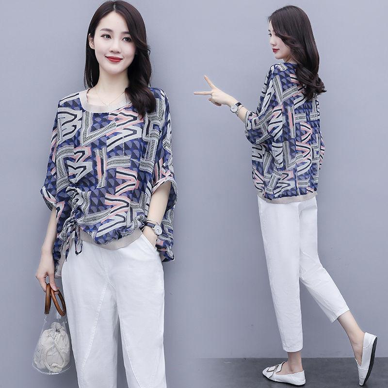 2 Piece Sets Women Casual Tops and Pants Summer Simple Style Vintage Embroidery Loose Female Suit