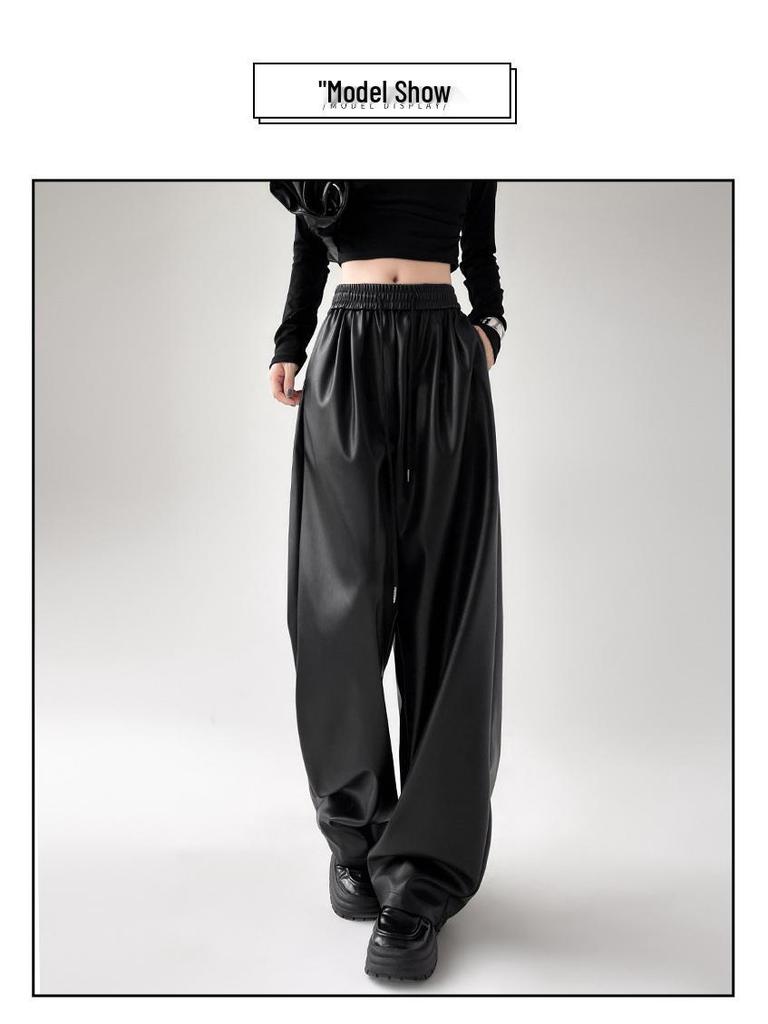 Women's PU Leather High Waist Trousers - Slimming, Versatile, Black with Narrow and Wide Leg Options
