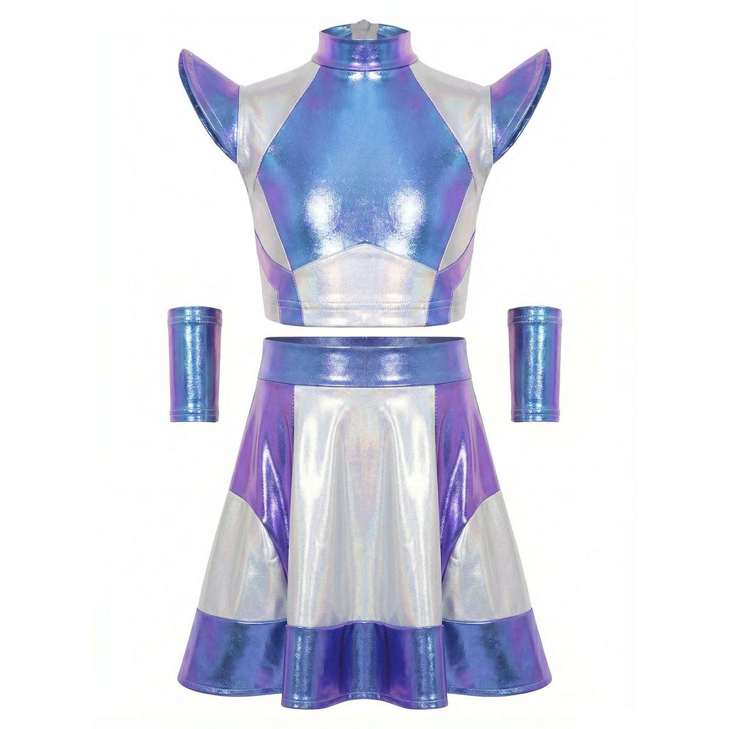 Girls Halloween Alien Cosplay Costume 3 Pieces Cap Sleeve Glossy Metallic Short Top Skirt Oversleeves