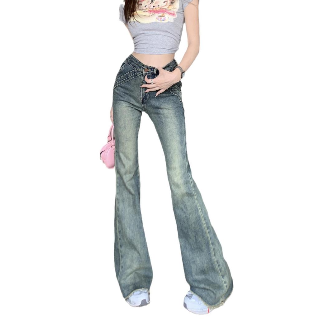 Damen Retro Patchwork Low-Waist Micro Flare Jeans - Frühling Stretch Schlankmachende Bodenlange Hose