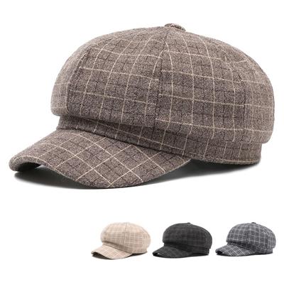 Men Women Autumn Winter Warm Octagonal Cap Retro Woolen Cap Plaid Painter's Cap