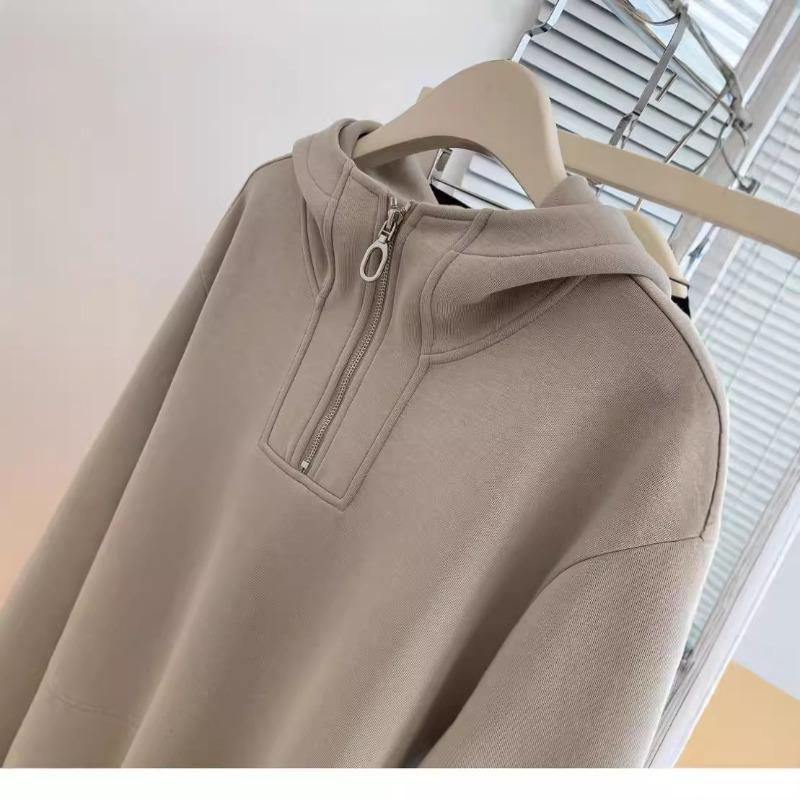 Fake two pieces fleece thickened semi-zipper hooded sweater women's autumn, winter and winter shoulder small pullover loose