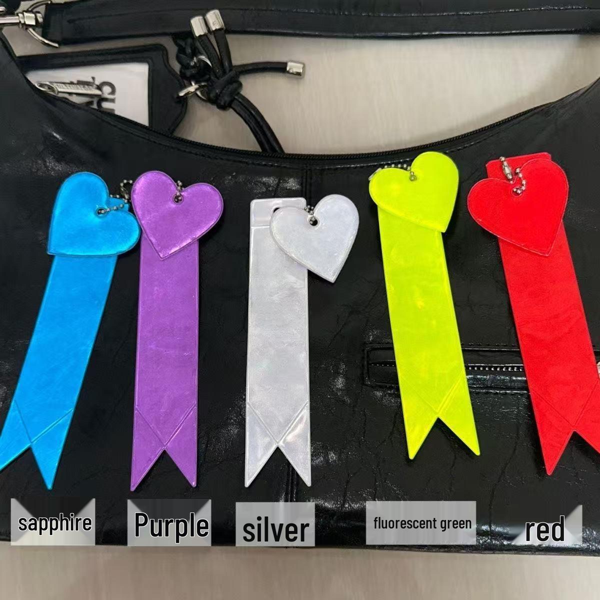 Reflective Heart-Shaped Pendant Keychain with Ribbon and Luminous Strip