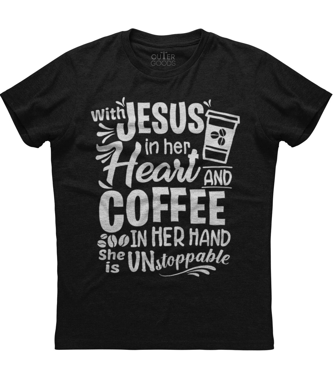 With Jesus In Her Heart And Coffee Christian Religious Mens Cotton Black T-shirt M