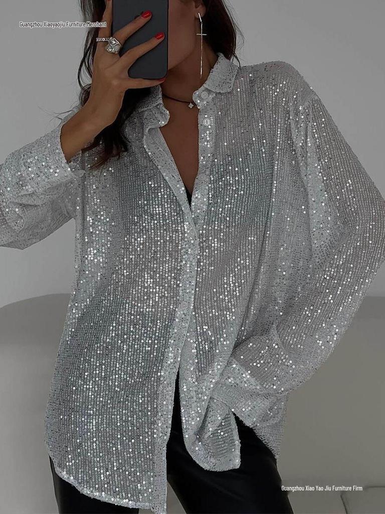 European Spring-Summer Sequin Lapel Cardigan: Women's Long Sleeve Shirt Jacket