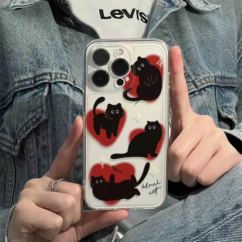 Love Heart Black Cat Lovely Phone Case For Iphone 17 Air 16 16e 17e 15 Plus 14 13 12 11 Pro Max Flexible Protective Soft Cover