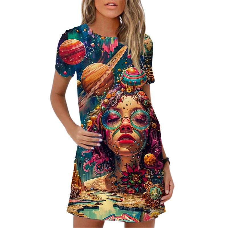 Elegant 3D Abstract Oil painting figures Print Women Dress New 2024 Summer Clothing Dress Short Sleeve Loose Casual A-Line Dress