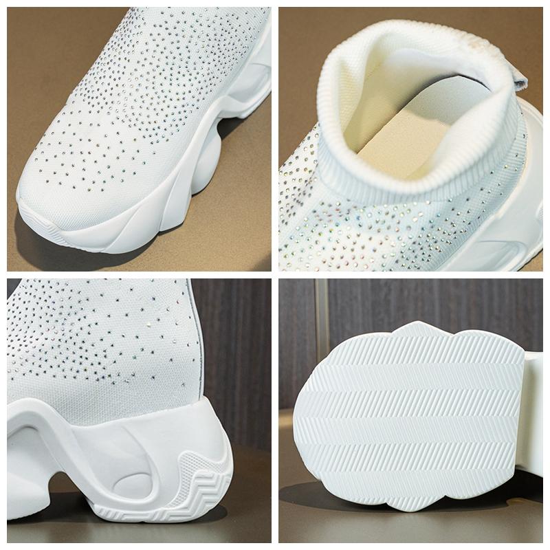 Moda Nuevo 8CM Botines de Punto Elástico Calcetín de Tela Plataforma Cuña Tobillo Slip on Primavera Otoño Moda Mujer Zapatos Bling de Pedrería