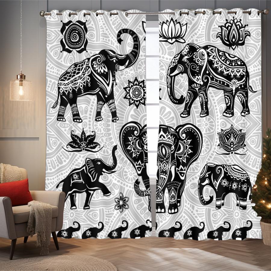 2 Stück Vorhänge im böhmischen Stil mit Tier-Elefantenmusterdruck, zur Dekoration von Schlafzimmern und Wohnzimmern