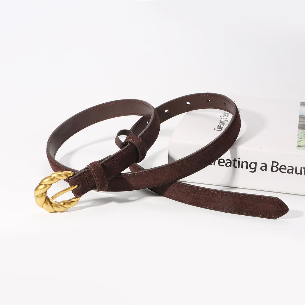 Genuine Leather Suede Women Belt Fashion Skinny Waistband Retro Gold Buckle Brown Belts for Jeans Pants and Dresses