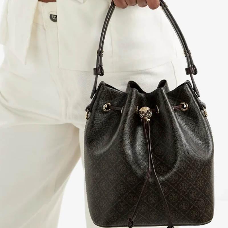 Tory Burch T Monogram Brand Micro Logo Adjustable Detachable Shoulder Strap Bucket Bag Women Bags Black Brown 168805-200