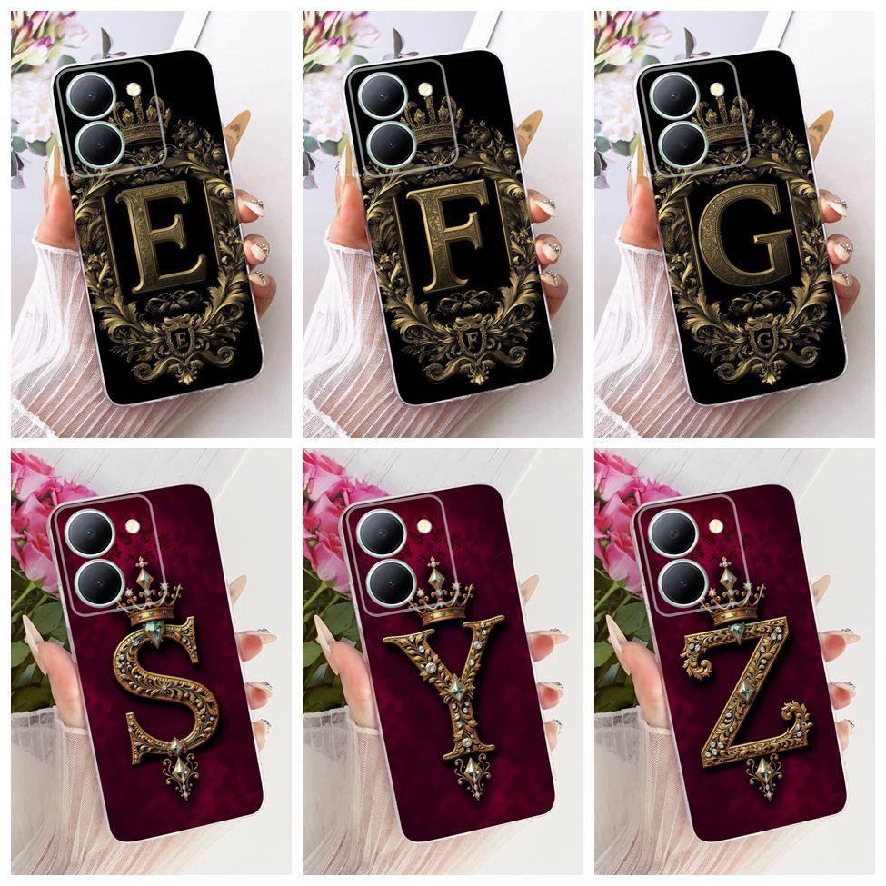 For Vivo V2322 Cover For Vivo Y27S Case Transparent Luxury Crown A-Z Letters 2D Flat Pattern Soft Phone Case For Y27S Vivo