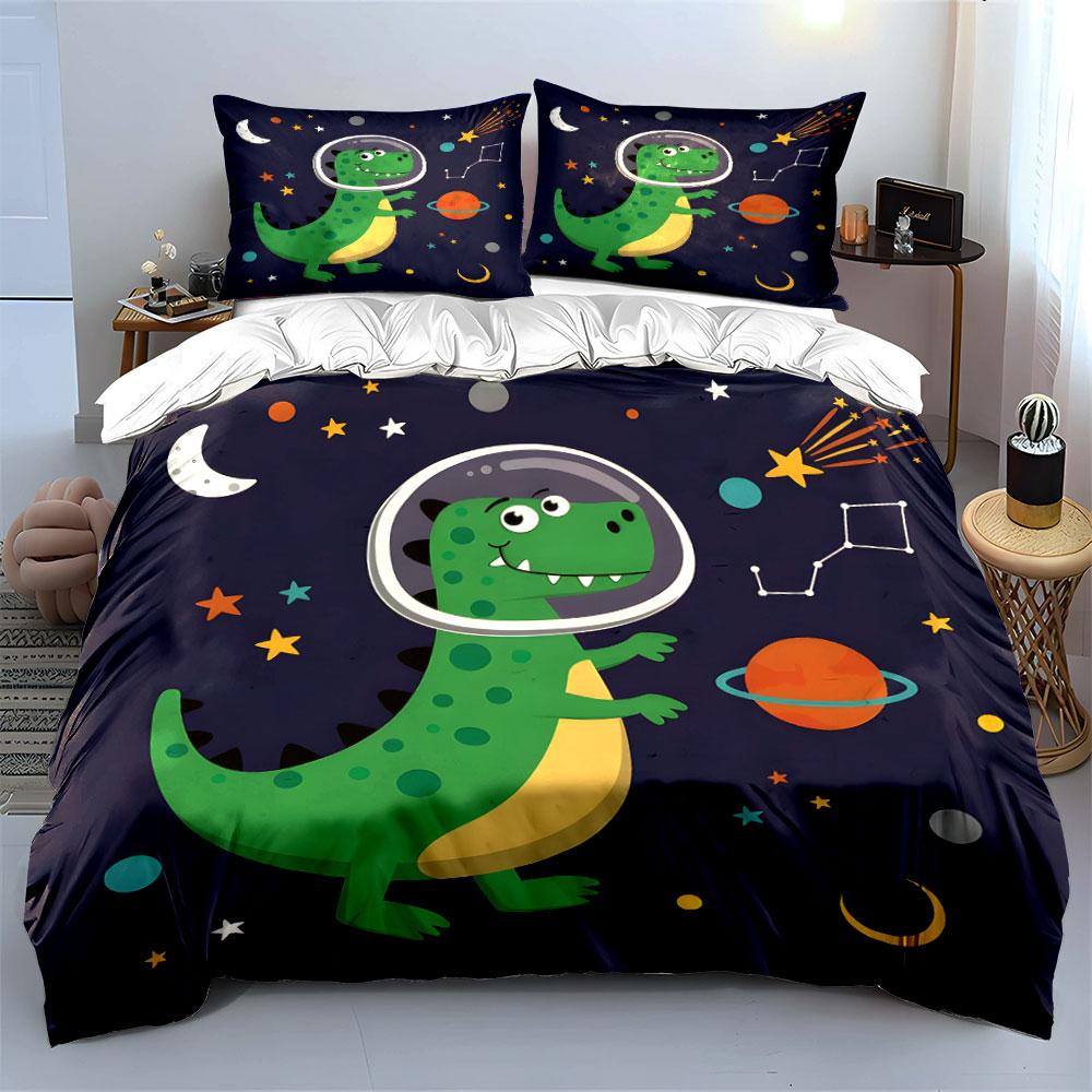 Dinosaur Astronaut Space Theme Bedding Duvet Cover Set (1*Duvet Cover 2*Pillowcases, without duvet insert)