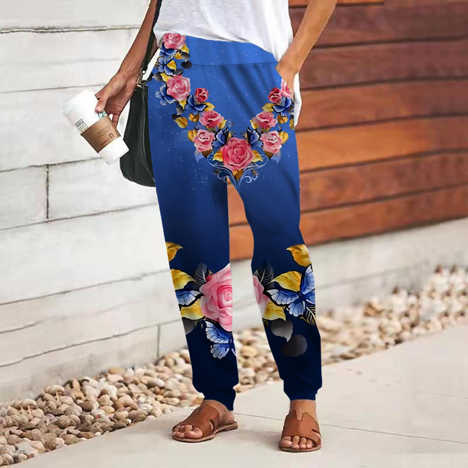 

Женские брюки с 3D разноцветным цветочным принтом, свободные брюки со шнуровкой и эластичным поясом, повседневные длинные брюки с карманами 8XL синий