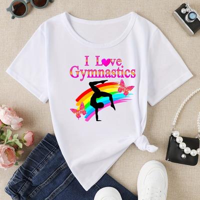 Kids Crewneck Tee, "I Love Gymnastics" Rainbow Butterfly Print Casual Short Sleeve Summer Sports Top for Kids