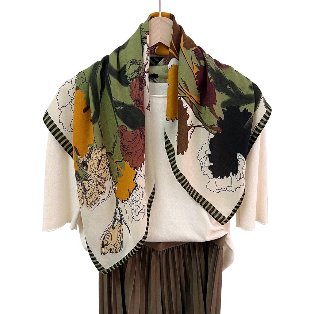 Color Matching Plant Flower Silk Scarf Four Seasons Foreign Gas Cotton And Linen Square Scarf Thin Windproof Neck Protection Scarf Decoration