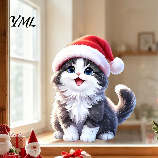 Festive Home Accents Christmas Cat Window Sticker, Cute Kitten Static Cling, Removable Reusable Clings Waterproof Holiday PVC Decal for Living