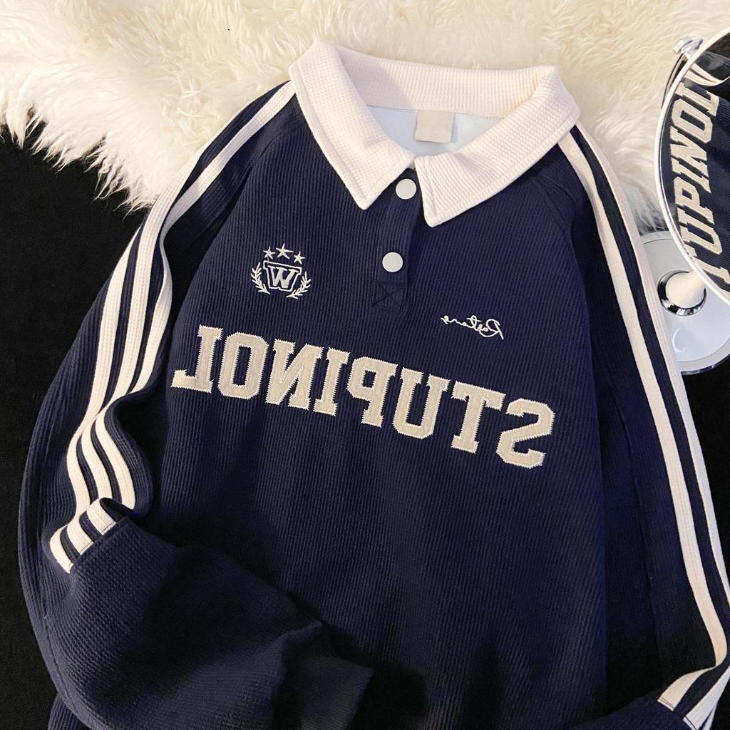 Women's American Retro Polo Collar Sweatshirt - 2025 Spring/Autumn Hip Hop Loose Jacket