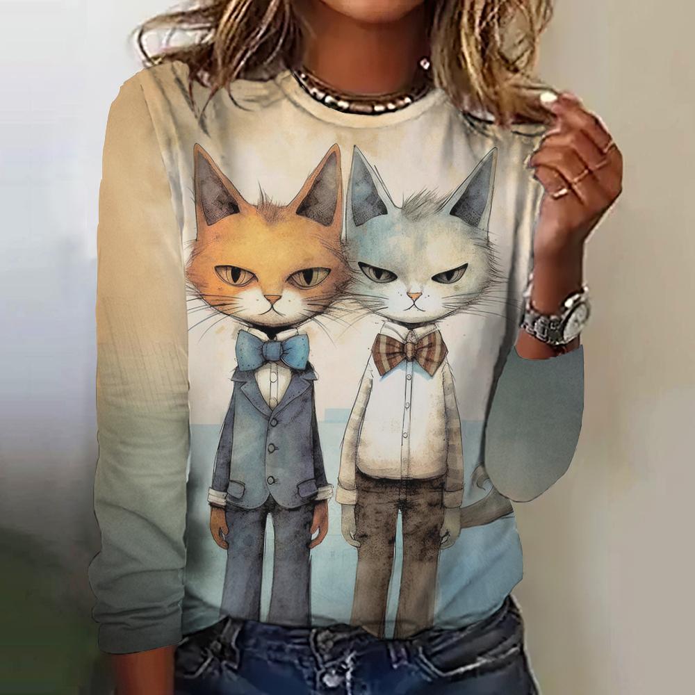 Harajuku Cat Printed Women's T-Shirts Autumn/ Winter Long Sleeves Imitation Cotton Clothing Fashions Round-Neck Tshirts 2024 New