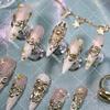 Luxury Gold-Trimmed Rose Press-On Nails Long Pointed Acrylic False Women Nude Pink Elegant Reusable Manicure
