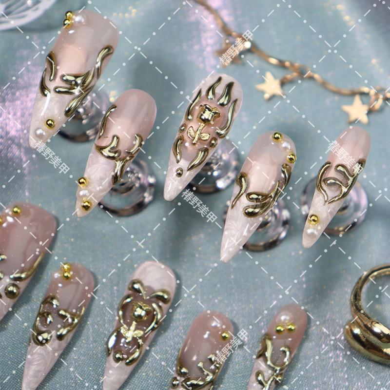 Luxury Gold-Trimmed Rose Press-On Nails Long Pointed Acrylic False Women Nude Pink Elegant Reusable Manicure