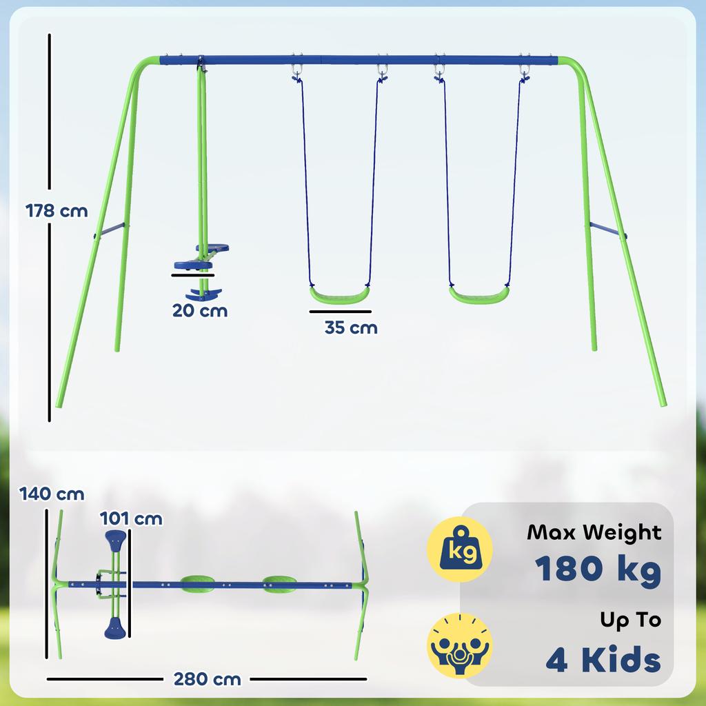 Metal Swing Set, with Seesaw, Adjustable Height, for Ages 3+ Years, Green