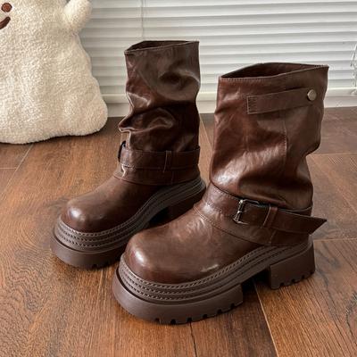 Fashion Versatile Retro Thick-soled Belt Buckle Martin Boots Women's 2025 Autumn and Winter New Versatile Thick-soled Heightening Leather Boots