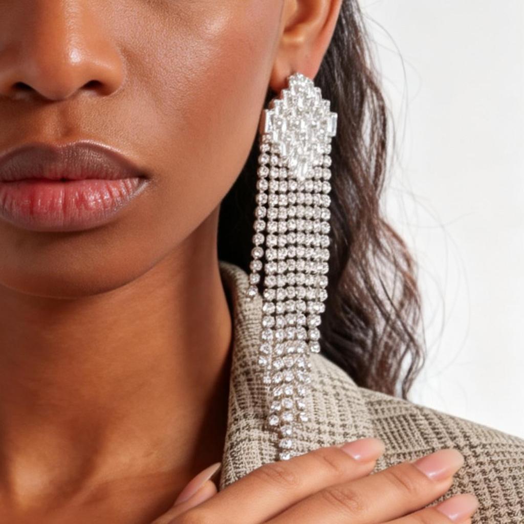 Silver Needle Zirconia Diamond Rhombus Tassel Earrings – Elegant and Fashionable Stud Earrings