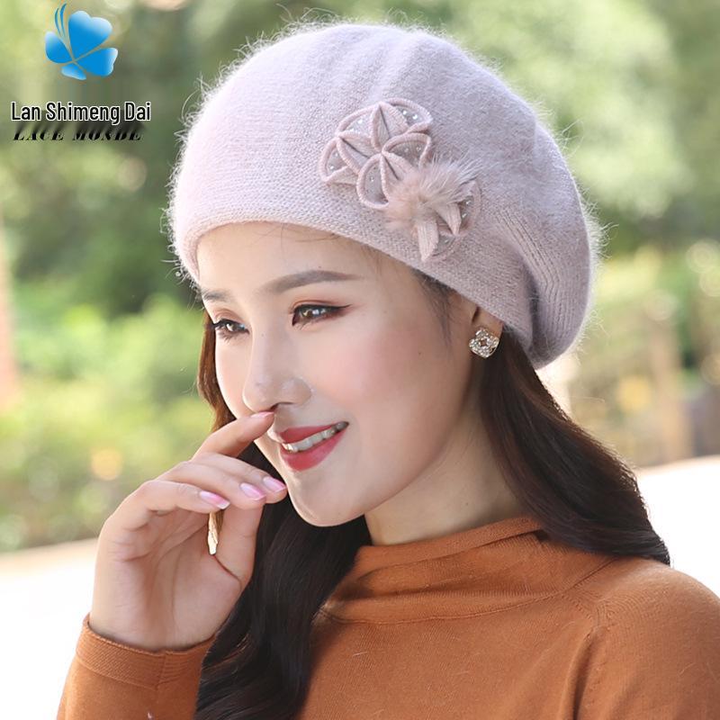 Women's Winter Fashion Knitted Wool Beret with Rabbit Fur - Cute Korean-Style Beanie