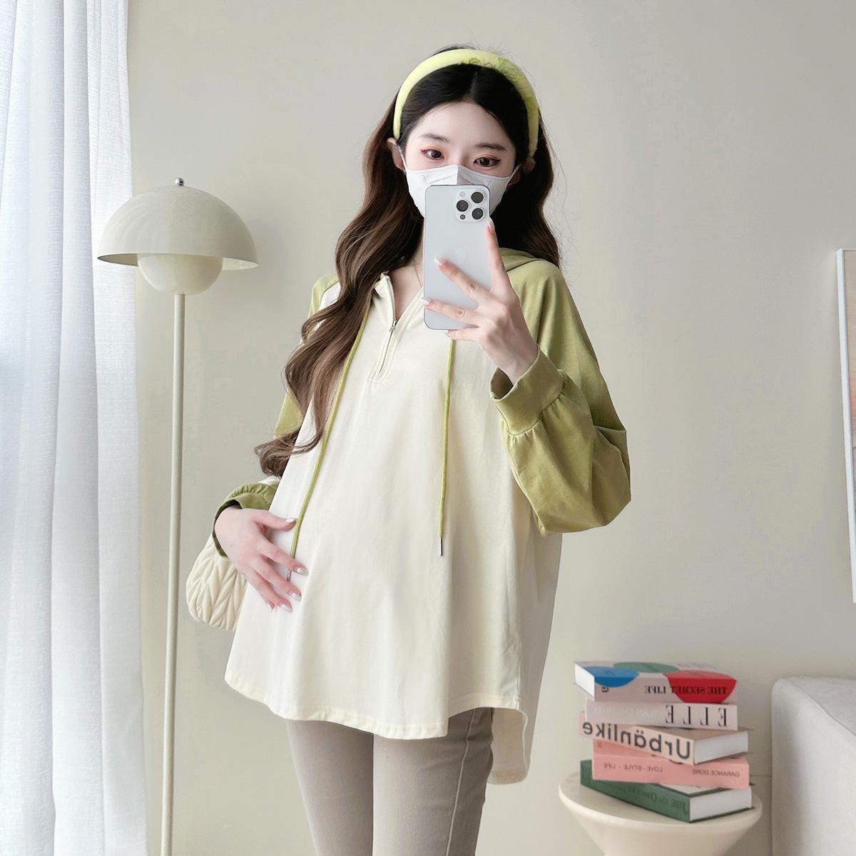 

2025 Early Spring Color Block Hooded Sweatshirt - Loose Fit, Plus Size Maternity Wear for Women L абрикосовий