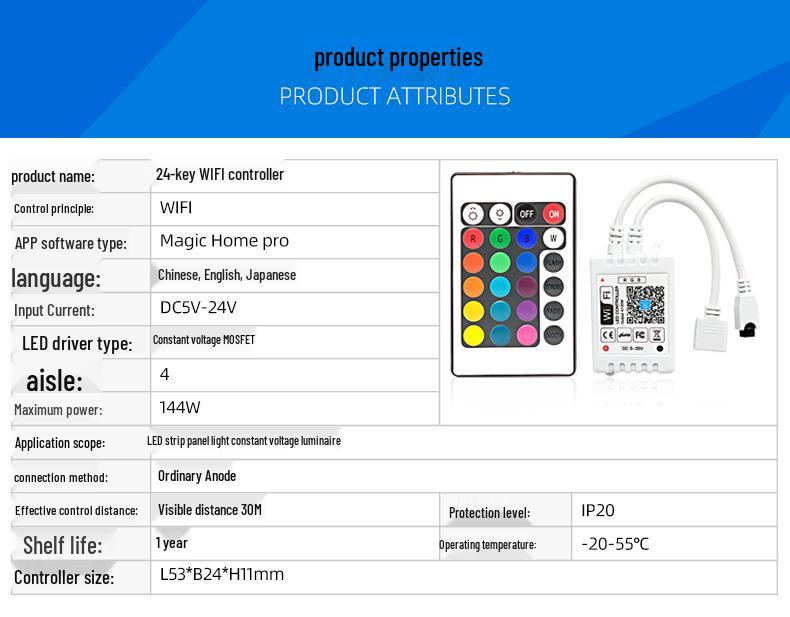 24-Tasten WiFi RGB LED Strip Controller mit IR-Fernbedienung & Smartphone-App-Kompatibilität