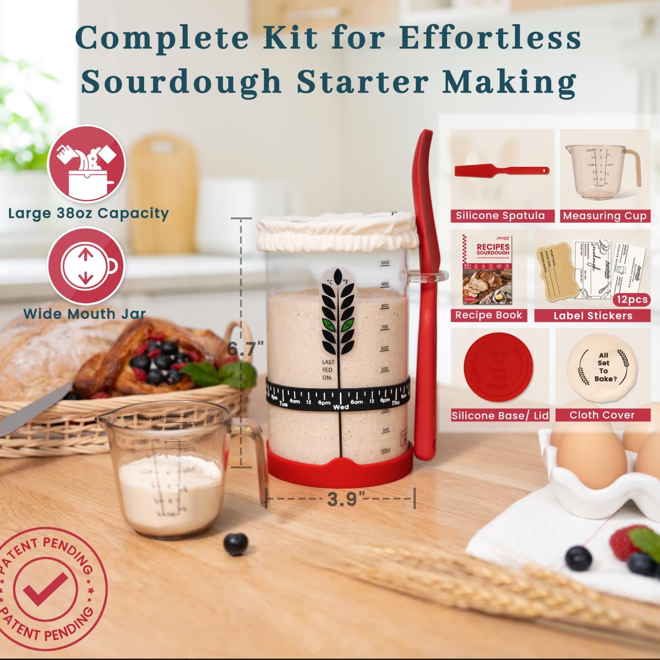 Sourdough Starter Kit - 38oz with Cookbook, Measuring Cup, Spatula, Wide Mouth Jar Cover, Thermometer, Date Marked Feeding Band, Glass Jar for Baker,
