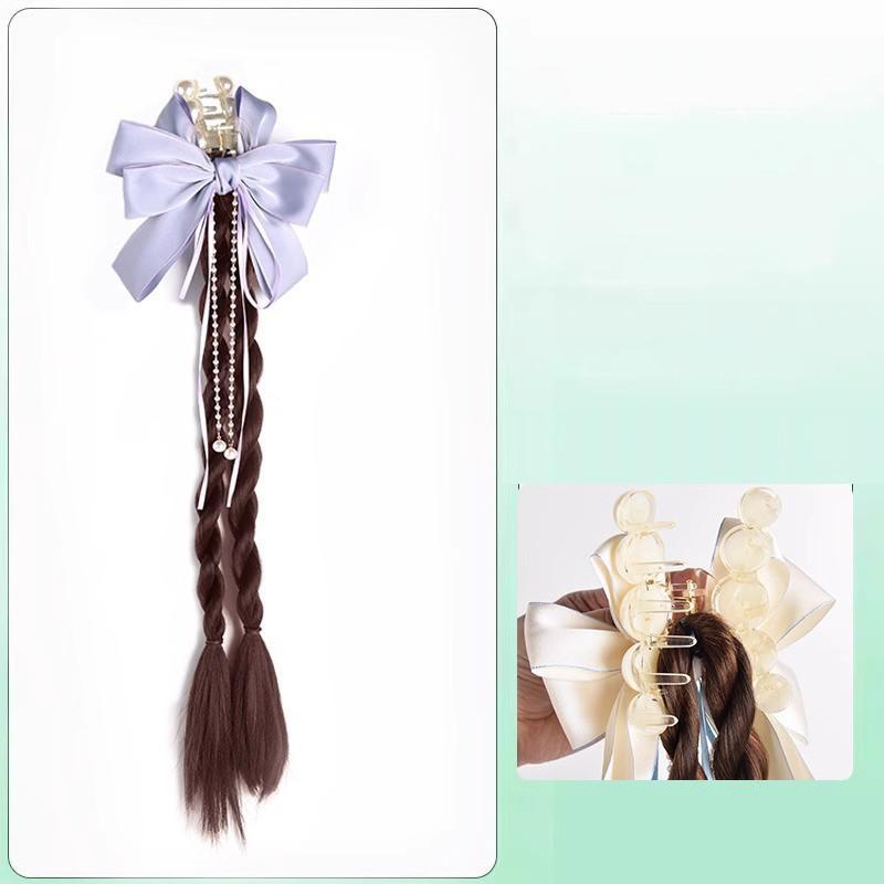 Female Synthetic Wig Lace Flower Bow Tie Tassel Grabbed Clip Wig Natural Fake Twist Ponytail Creative Gentle Versatile Hairstyle