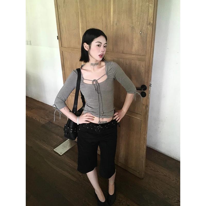 TrendHub Y2k Japanese T-shirt Women Slim Half Sleeve Lace Up Crop Tops Fairycore Japanese Tshirts Korean Style Streetwear