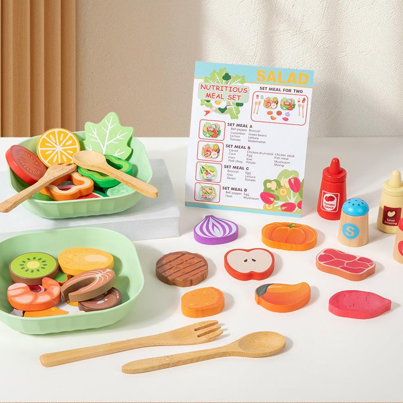 Wooden Salad Game Food Set Pretend Fruit Vegetable Cutting Toy And Tableware Seasoning Bowl Children's Kitchen Pretend Toy