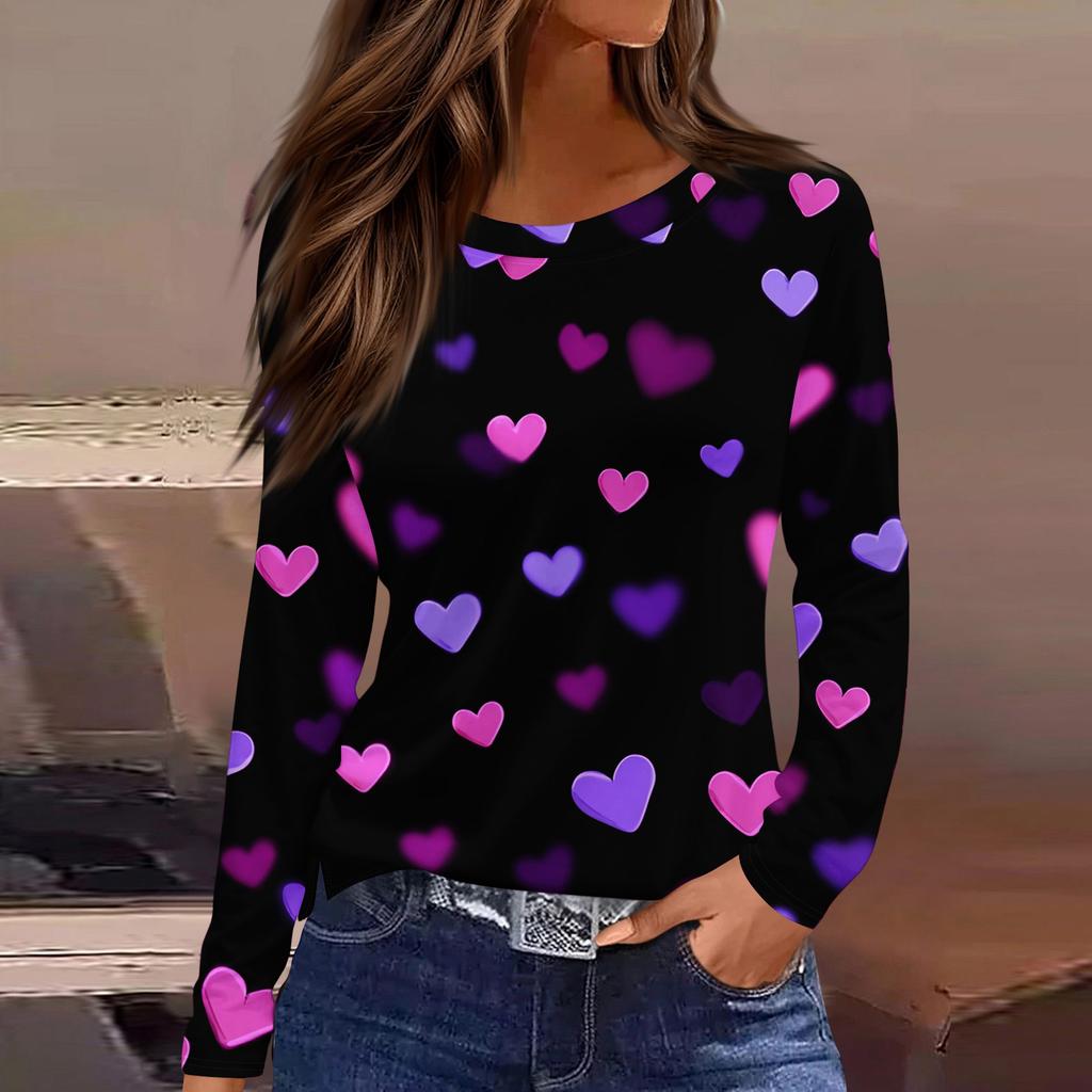 Damen Modisches Langarm-Rundhals-Oberteil mit Schlitzsaum und Valentinstag-Herzprint