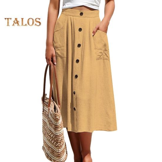 Damen-Midirock, elastisch, hoch tailliert, schlankmachender Stil, wadenlanger Rock mit Taschen, einfarbig, mit Knöpfen verziert, A-Linien-Rock