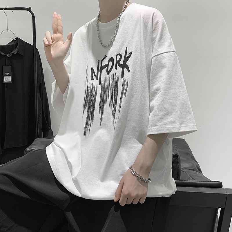 

IELGY Мужская футболка в гонконгском стиле с короткими рукавами, летняя свободная повседневная одежда в Корейском стиле, трендовая верхняя одежда в стиле хип-хоп с пятью точками рукавов 3XL белый