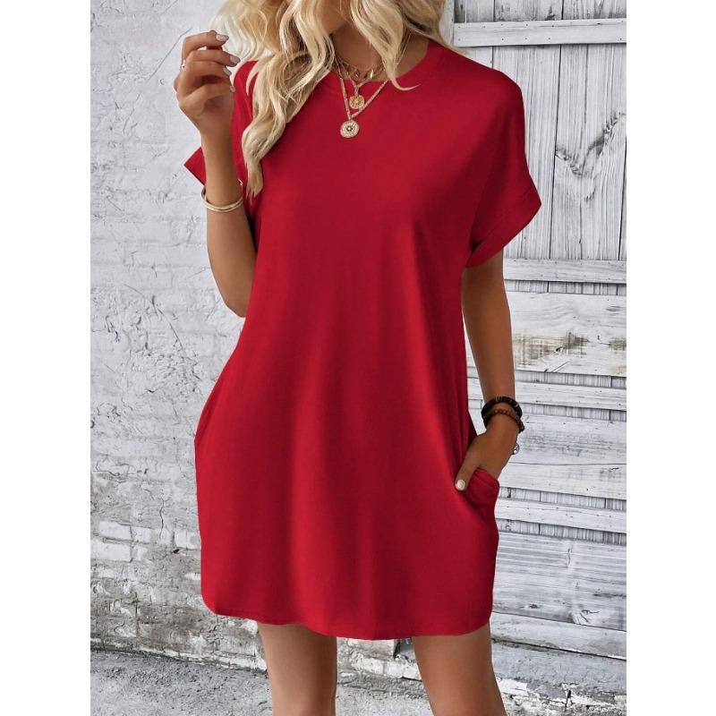 Fashion Women O Neck Short Sleeve Summer Dress Loose Solid Color Simple Basic Elegant Casual Party Short Dresses Female Women's Clothing