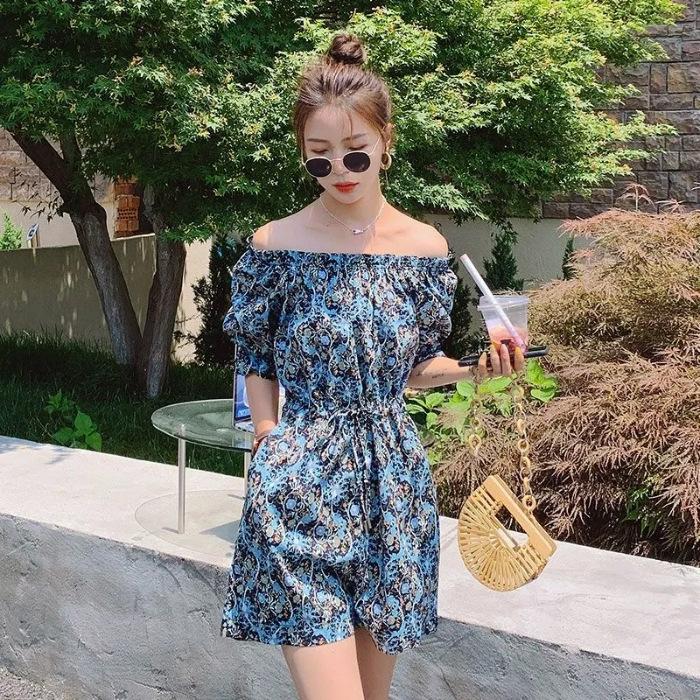 New high-waisted and thin loose women s summer lace-up waist wide-leg shorts onesie floral jumpsuit S