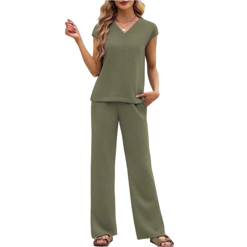 Fashionable Women's Loose V-neck Short Sleeved Top, Loose Casual Wide Leg Pants Set
