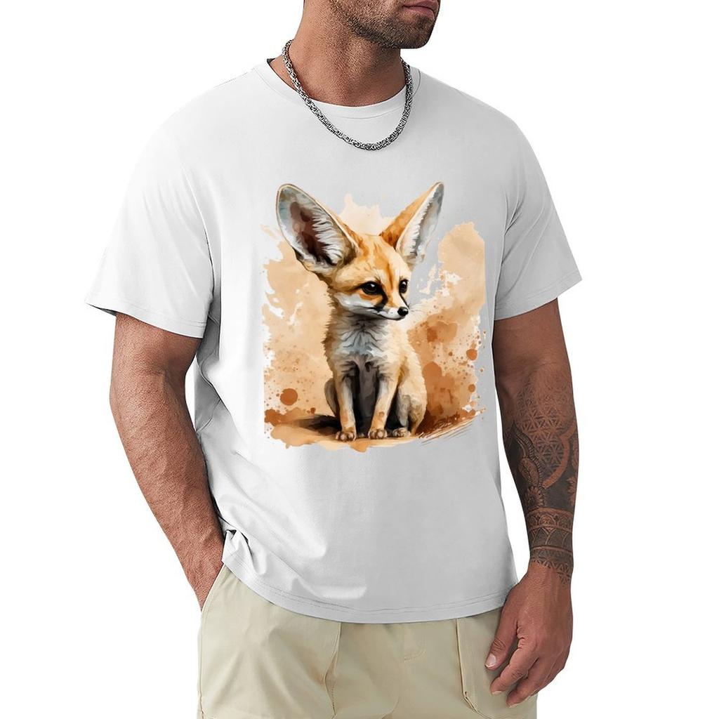 Fennec Fox Portrait Watercolour Illustration TShirt Plus Size Workout Short Sleeve Top