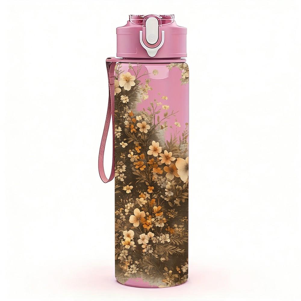 1PC Dried Withered Plant Texture Print 750ml Color Plastic Sports Water Bottle Leakproof Flip Straw Lid Suitable for Sports Office Home Use