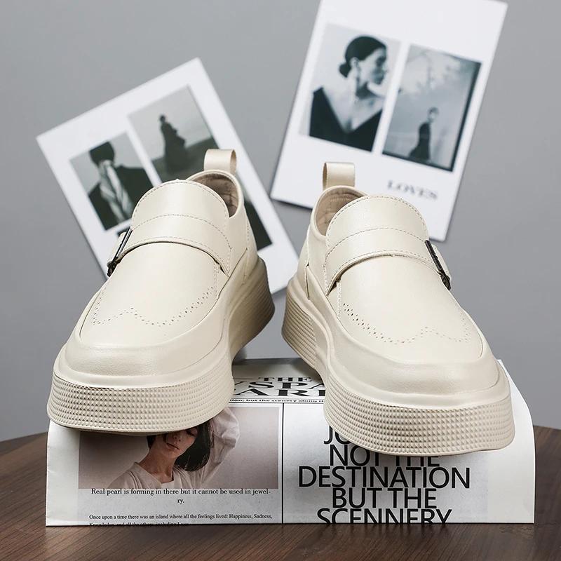 Fashion Casual Leather Shoes For Men Thick Bottom Walking Loafers British Style Comfy Outdoor Slip-on Lightweight Driving Shoes