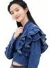 Korean-Style Ruffle Slim-Fit V-Neck Denim Jacket