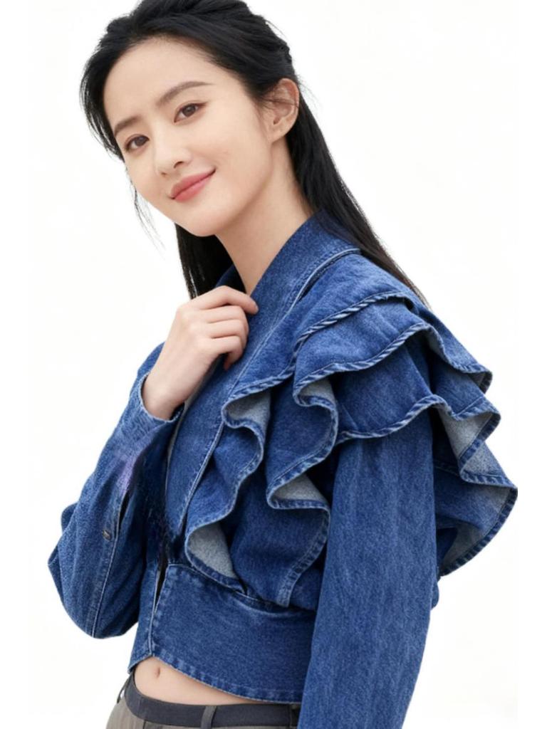 Korean-Style Ruffle Slim-Fit V-Neck Denim Jacket