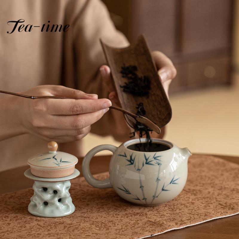 200ml Retro Ice Table Glaze Ceramic Teapot Handamde Xishi Pot Hand-painted Bamboo Kettle Tea Kung Fu Set Making Tool with Filter